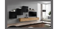 Ensemble meuble salon mural SWITCH X design, coloris chêne Wotan et noir brillant.