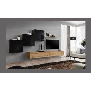 Ensemble meuble salon mural SWITCH X design, coloris chêne Wotan et noir brillant.