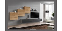 Ensemble meuble salon mural SWITCH X design, coloris gris brillant et chêne Wotan.
