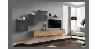 Ensemble meuble salon mural SWITCH X design, coloris chêne Wotan et gris brillant.