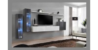 Ensemble meuble salon mural SWITCH XI design, coloris blanc brillant et gris brillant.