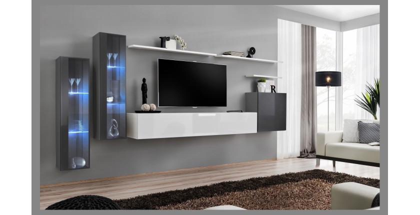 Ensemble meuble salon mural SWITCH XI design, coloris blanc brillant et gris brillant.