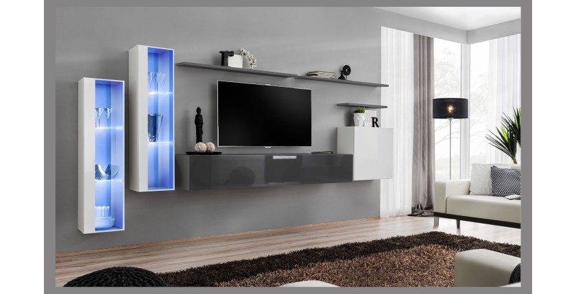 Ensemble meuble salon mural SWITCH XI design, coloris gris brillant et blanc brillant.