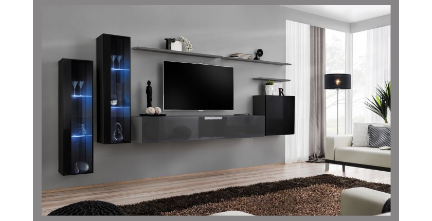 Ensemble meuble salon mural SWITCH XI design, coloris gris brillant et noir brillant.
