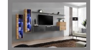 Ensemble meuble salon mural SWITCH XI design, coloris gris brillant et chêne Wotan.