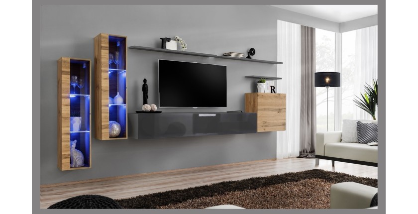 Ensemble meuble salon mural SWITCH XI design, coloris gris brillant et chêne Wotan.
