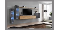 Ensemble meuble salon mural SWITCH XI design, coloris chêne Wotan et gris brillant.