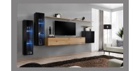 Ensemble meuble salon mural SWITCH XI design, coloris chêne Wotan et noir brillant.