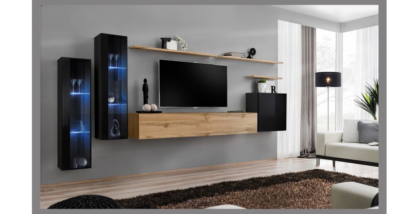 Ensemble meuble salon mural SWITCH XI design, coloris chêne Wotan et noir brillant.