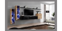 Ensemble meuble salon mural SWITCH XI design, coloris noir brillant et chêne Wotan.