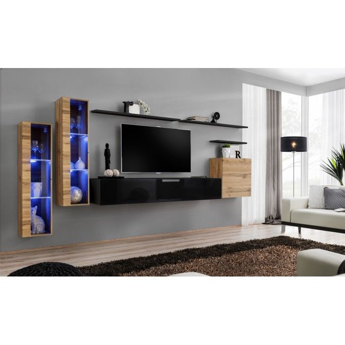 Ensemble meuble salon mural SWITCH XI design, coloris noir brillant et chêne Wotan.