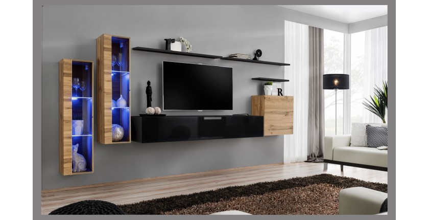 Ensemble meuble salon mural SWITCH XI design, coloris noir brillant et chêne Wotan.