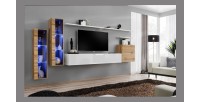 Ensemble meuble salon mural SWITCH XI design, coloris blanc brillant et chêne Wotan.