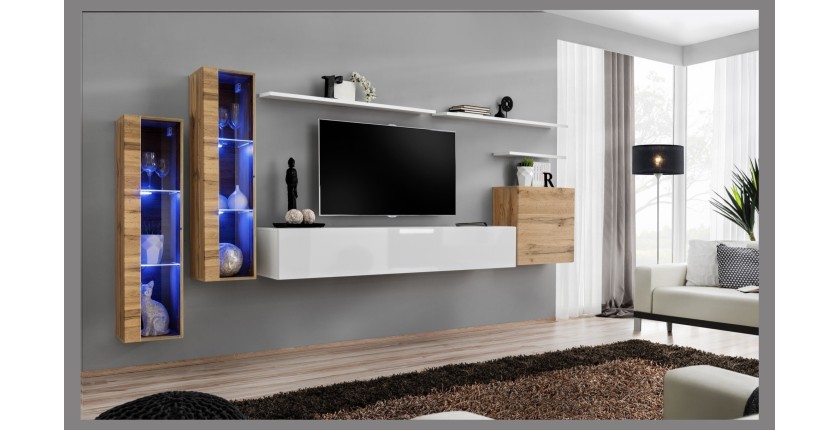 Ensemble meuble salon mural SWITCH XI design, coloris blanc brillant et chêne Wotan.