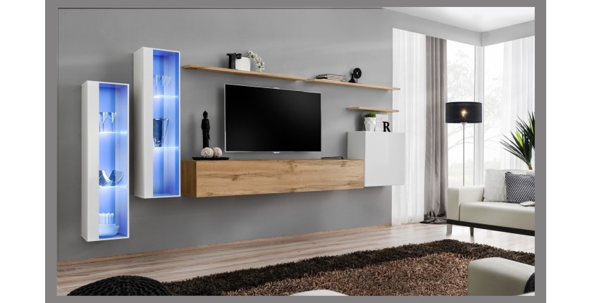 Ensemble meuble salon mural SWITCH XI design, coloris chêne Wotan et blanc brillant.