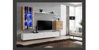 Ensemble meuble salon mural SWITCH XII design, coloris blanc brillant et chêne Wotan.