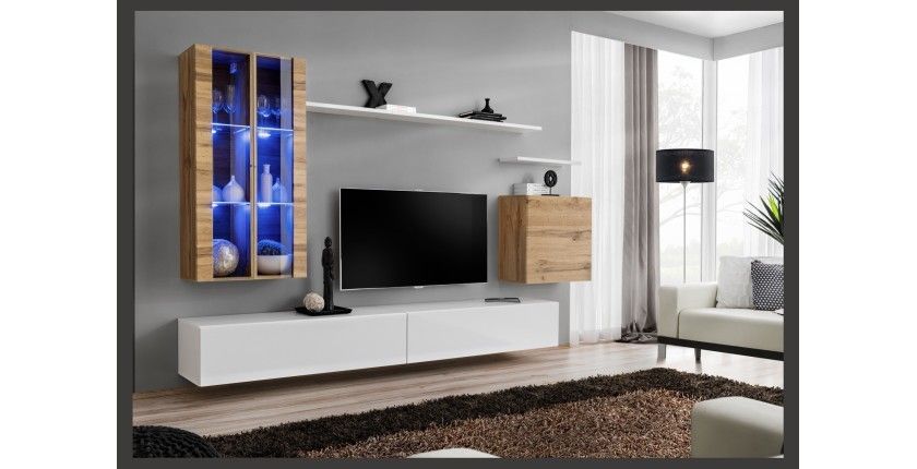 Ensemble meuble salon mural SWITCH XII design, coloris blanc brillant et chêne Wotan.