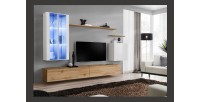Ensemble meuble salon mural SWITCH XII design, coloris chêne Wotan et blanc brillant.