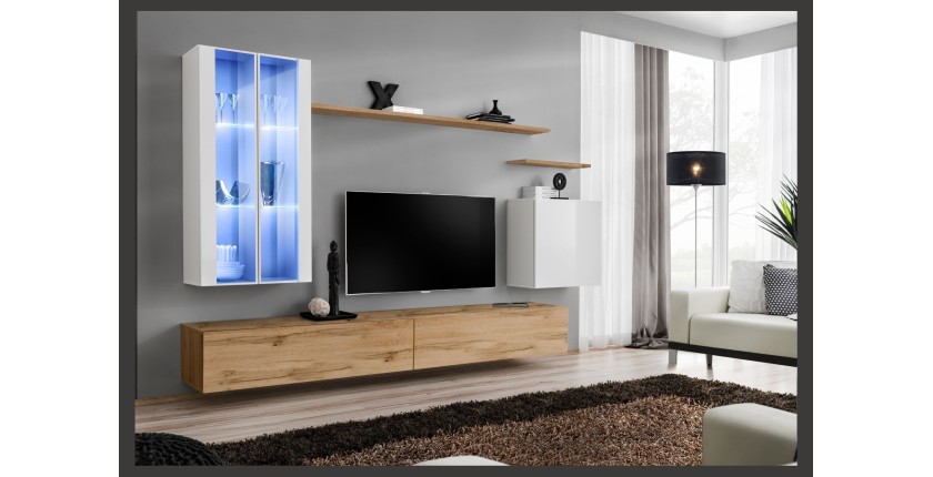Ensemble meuble salon mural SWITCH XII design, coloris chêne Wotan et blanc brillant.