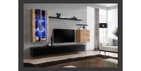 Ensemble meuble salon mural SWITCH XII design, coloris noir brillant et chêne Wotan.