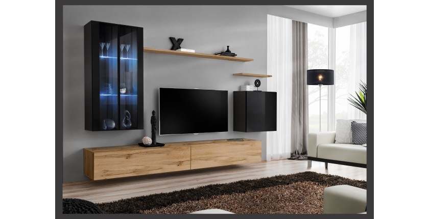 Ensemble meuble salon mural SWITCH XII design, coloris chêne Wotan et noir brillant.