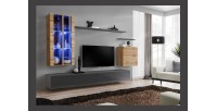 Ensemble meuble salon mural SWITCH XII design, coloris gris brillant et chêne Wotan.