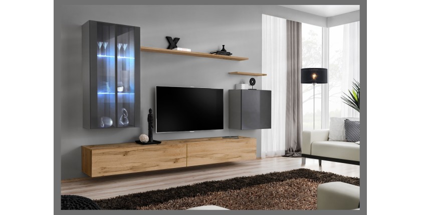 Ensemble meuble salon mural SWITCH XII design, coloris chêne Wotan et gris brillant.