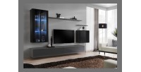 Ensemble meuble salon mural SWITCH XII design, coloris gris et noir brillant.
