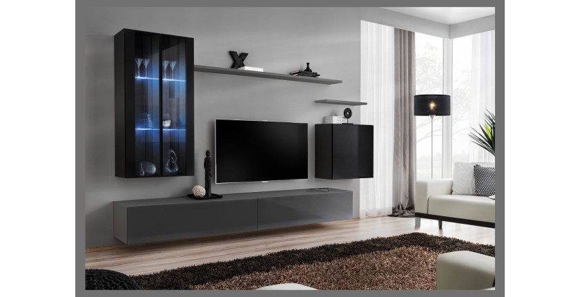 Ensemble meuble salon mural SWITCH XII design, coloris gris et noir brillant.