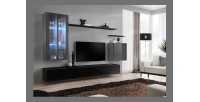 Ensemble meuble salon mural SWITCH XII design, coloris noir et gris brillant.