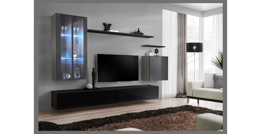 Ensemble meuble salon mural SWITCH XII design, coloris noir et gris brillant.
