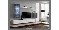 Ensemble meuble salon mural SWITCH XII design, coloris blanc et gris brillant.