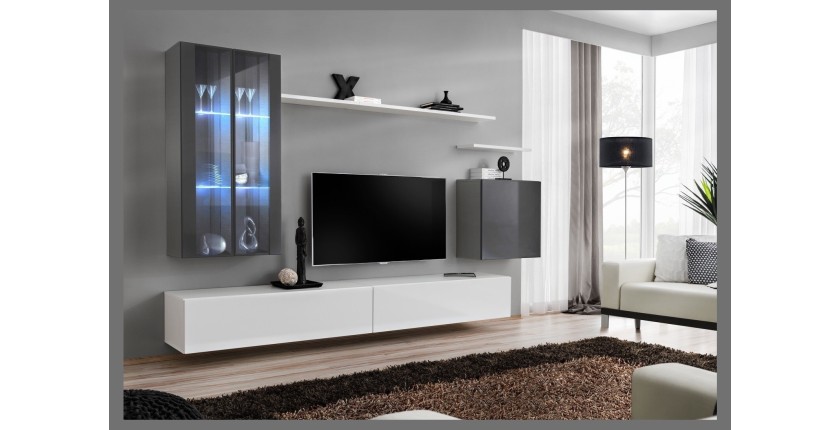 Ensemble meuble salon mural SWITCH XII design, coloris blanc et gris brillant.