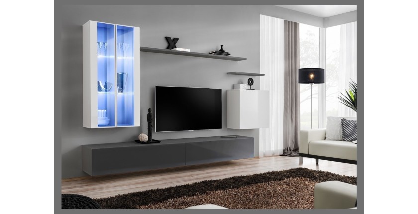 Ensemble meuble salon mural SWITCH XII design, coloris gris et blanc brillant.