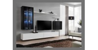 Ensemble meuble salon mural SWITCH XII design, coloris blanc et noir brillant.