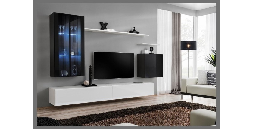 Ensemble meuble salon mural SWITCH XII design, coloris blanc et noir brillant.