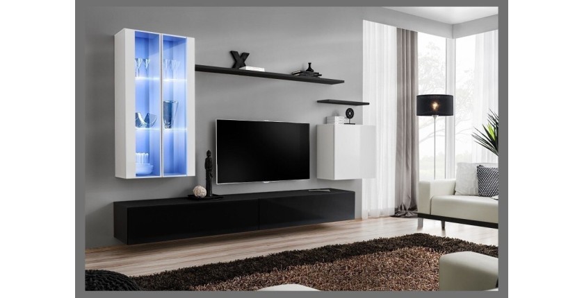 Ensemble meuble salon mural SWITCH XII design, coloris noir et blanc brillant.