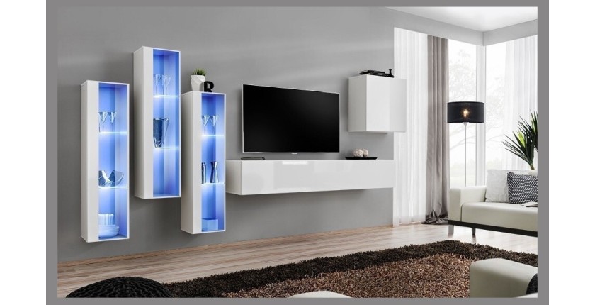 Ensemble meuble salon mural SWITCH XIII design, coloris blanc brillant.