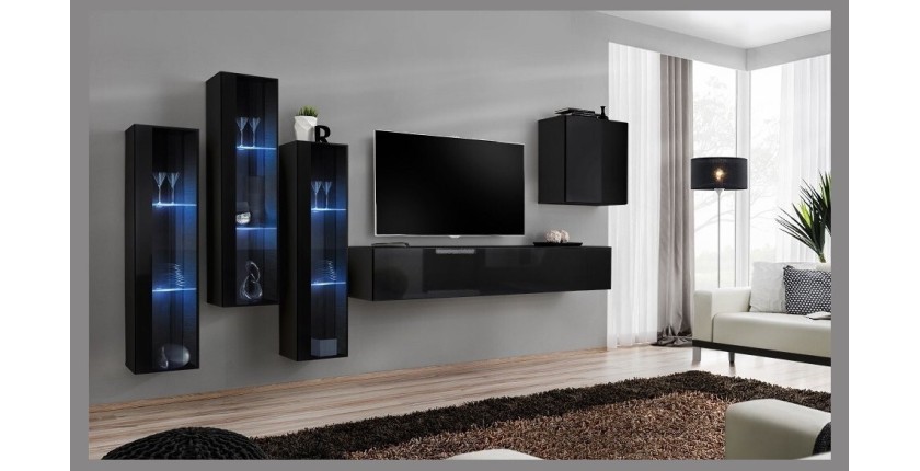 Ensemble meuble salon mural SWITCH XIII design, coloris noir brillant.