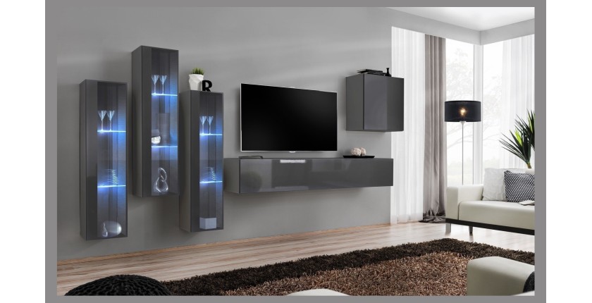 Ensemble meuble salon mural SWITCH XIII design, coloris gris brillant.