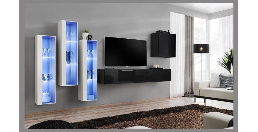 Ensemble meuble salon mural SWITCH XIII design, coloris noir brillant et blanc.
