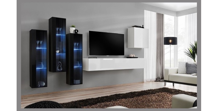 Ensemble meuble salon mural SWITCH XIII design, coloris blanc brillant et noir.