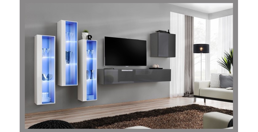 Ensemble meuble salon mural SWITCH XIII design, coloris gris brillant et blanc.