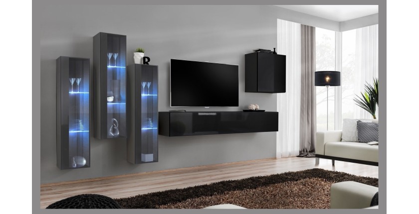 Ensemble meuble salon mural SWITCH XIII design, coloris noir brillant et gris.