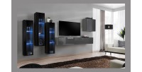 Ensemble meuble salon mural SWITCH XIII design, coloris gris brillant et noir.
