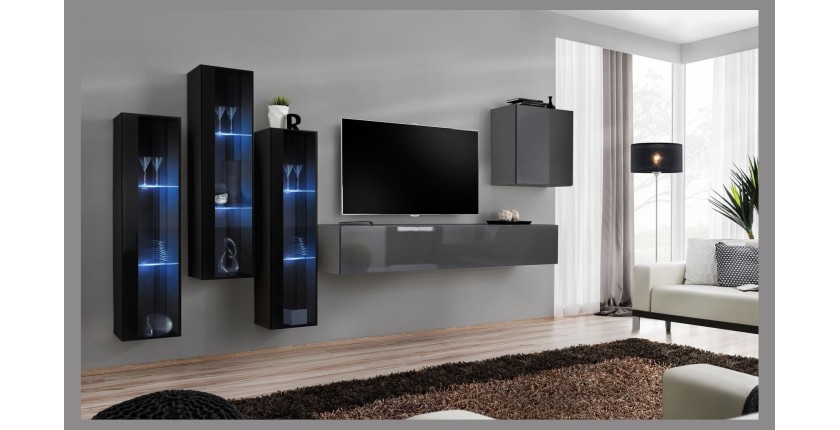 Ensemble meuble salon mural SWITCH XIII design, coloris gris brillant et noir.