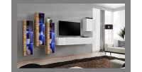Ensemble meuble salon mural SWITCH XIII design, coloris blanc brillant et chêne Wotan.
