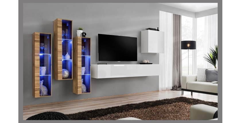 Ensemble meuble salon mural SWITCH XIII design, coloris blanc brillant et chêne Wotan.