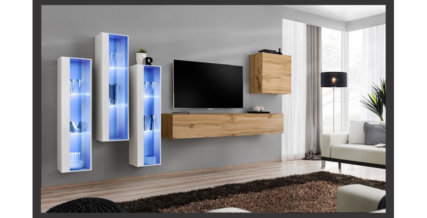Ensemble meuble salon mural SWITCH XIII design, coloris chêne Wotan et blanc.