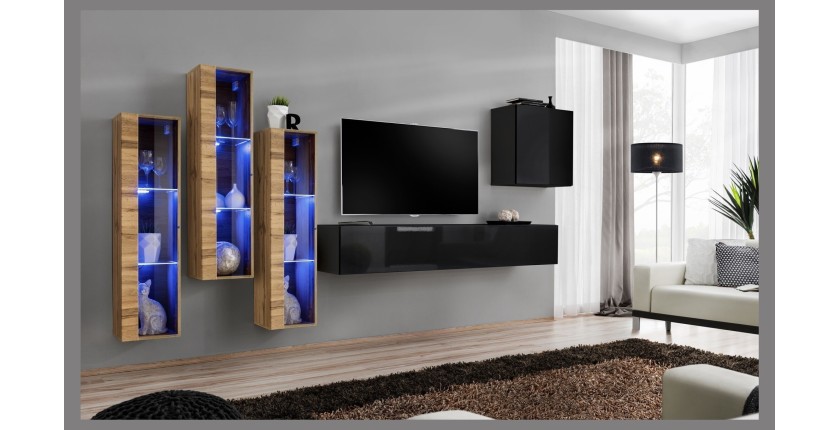 Ensemble meuble salon mural SWITCH XIII design, coloris noir et chêne Wotan.